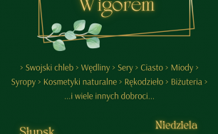 Plakat dotyczący jarmarku produktów regionalnych napisy zółte na zielonym tle, data miejsce asortyment